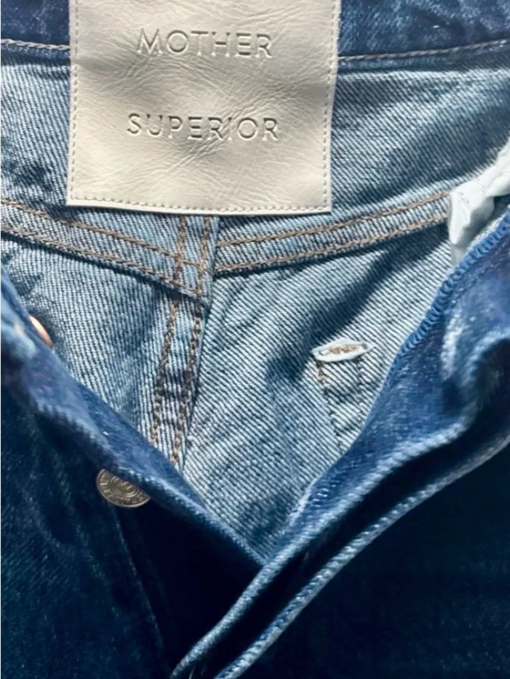 MOTHER Two-Tone Denim Straight Jeans in Dark and Light Blue - Picture 2 of 5